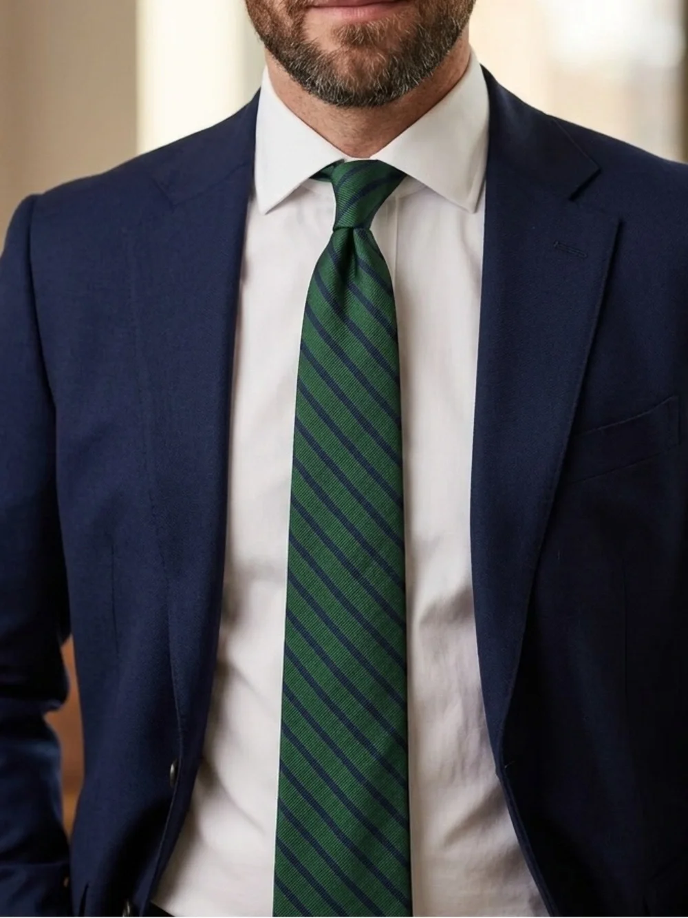 Countess Mara green and navy blue striped repp silk necktie